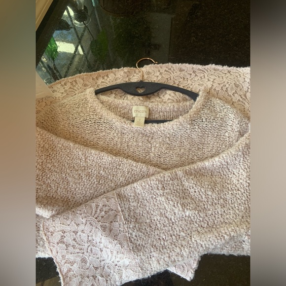 Chico’s Pink Boucle’ Sweater with Lace Trim Size 1 - Picture 1 of 10